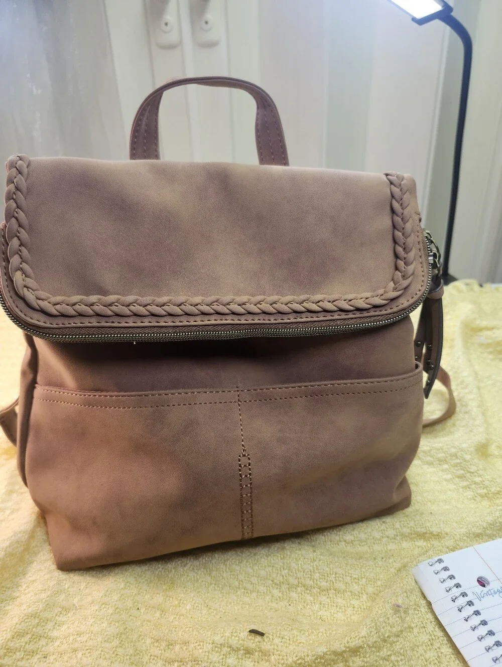 Women’s Blush Brown Faux Leather Backpack - Braided Flap